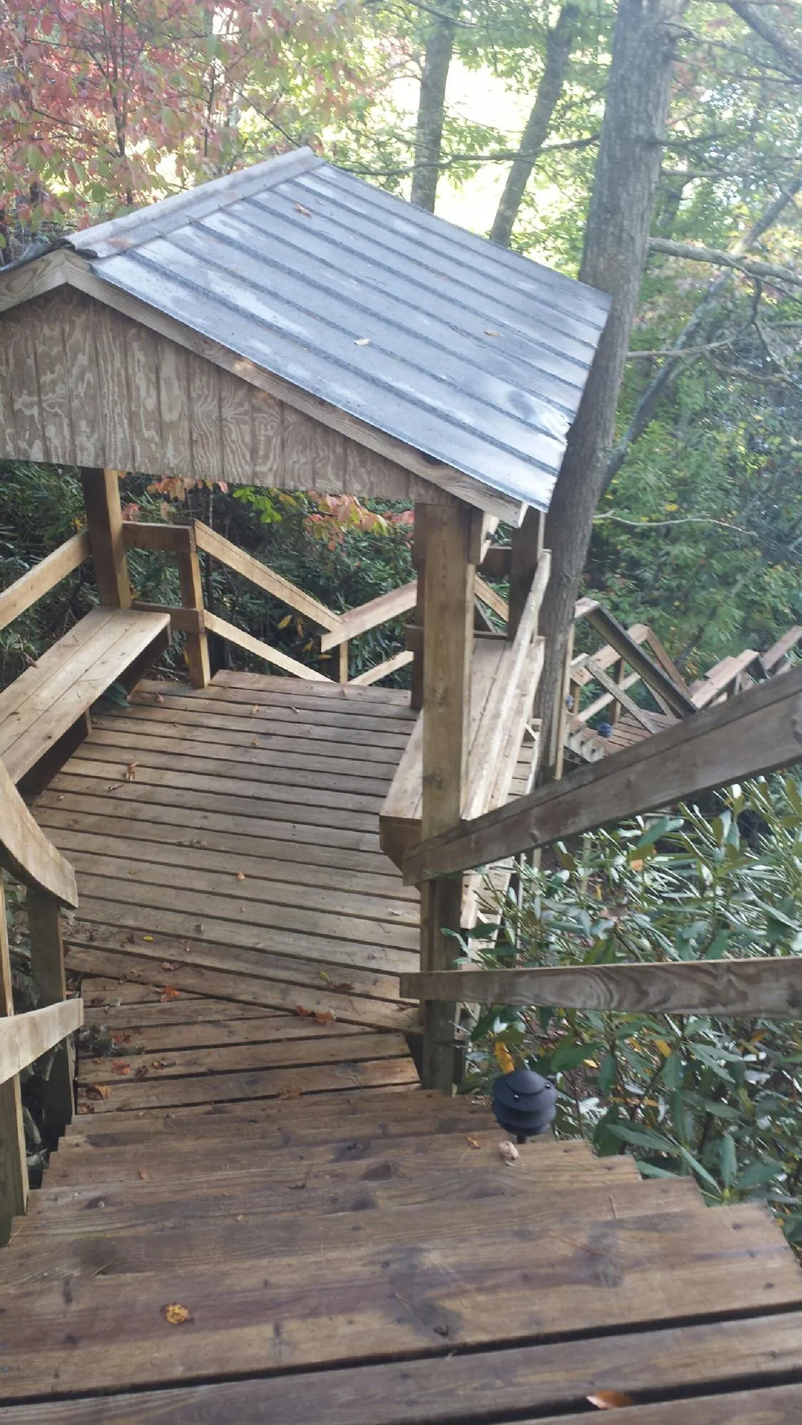 Metal roofed shelter over wooden steps on a wooded walkway — Skylight Repair & Installation work by our crew in Valley Village